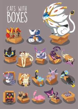 zoe-sphere:  A cat is a cat no mater the size or personality, and when cat meets boxes! hilarity follows!  was super fun to draw these Pokemon cats in boxes!  available as a print at this years SMASH! : ) 