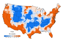 dorites:  mapsontheweb:  Heat map of US regions where “fuck” is a popular curse word. More word maps &gt;&gt;  The great American fuck-shell and anti-fuck core. A true national treasure. 