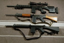 weaponslover:  FALs. The top gun is equipped with a DSA 20” heavy barrel, Weapons Art stock and grip; the chamber has been cut for match grade ammo.  Middle gun is a standard barrel Israeli gun built on a DSA Type II receiver, with all Israeli parts