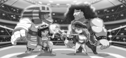 shonuff44: ANAKARIS / MENAT -VS- POISON / HUGO  Here is a picture that I did this morning as a practice drawing that went way too far in the detail. We have New comer Menat Teaming up with Darkstalker Anakaris going up against Poison and Huge from Final