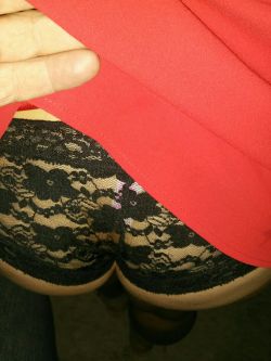 secret3y3s:  Hubby pulling my already short dress up in the bar for his friends to see my panties. #hishotwife
