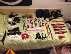 Was organising my sex and bondage gear, and decided to lay everything out and take a picture. This is the collection so far, and have just ordered a new rabbit vibrator, a latex dress and a pair of panties to add to my little slut&rsquo;s collection (all