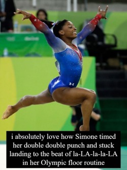 gymfanconfessions:  “i absolutely love how Simone timed her double double punch and stuck landing to the beat of la-LA-la-la-LA in her Olympic floor routine”