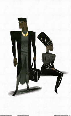sandboxsimba:  maximagination:  Worked up this illustration of a couple I saw on the train a few weeks back… I embellished a little on the design; the guy didn’t have this body frame, &amp; neither wore gold, but both carried a powerful sense of African