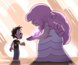 Rose presents some fancy gem weapons to Felix, who is Steven’s brother in an AU created by @gilver-tblr!  Thanks for commissioning me!