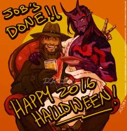 ramida-r:  Job’s done at last and the adorkable dorks can finally have that drink. Happy Halloween, everyone! I wish I could flush this out some more, but the Halloween deadline crept up. I still wish Jesse had a Halloween skin… Hanzo Shimada/Jesse