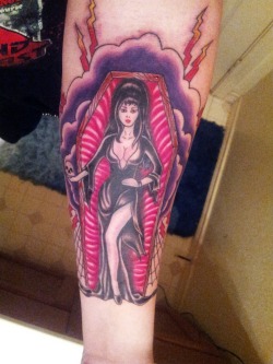 plaga-the-patchwork-frankenstein:  Got my Elvira/Cold Blue Rebels tattoo today ^-^ so stoked to finally have some visible inkage!!! I I promise it looks way cooler in person, I just can’t seem to get a good picture of it…I swear 