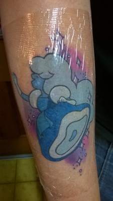vsoapbox:  The big reveal is finally here! I’ve got a new tattoo! It’s Sapphire from Steven Universe! She’s one half of the duo that makes up Garnet! Is she looks like she’s reaching out to something, it’s because my wife is getting a matching