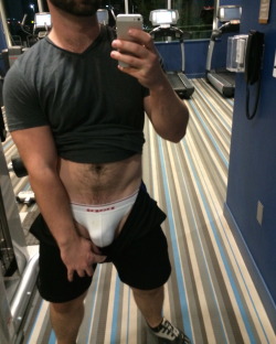 thumper339:  Hot, hunky guy with an uncut cock flashes hot pix from the gym! 