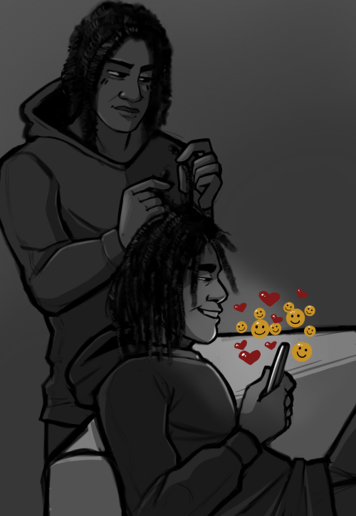 catastrotaffy:Soren looks weird with his hair down, and I have no idea what he’s doing on his phone but I think perhaps he’s livestreaming the process of having his hair retwisted :)