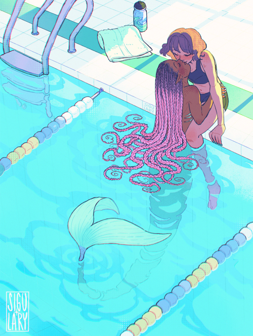 sigulary:A break from swimming[Image description: Illustration of a person and a mermaid kissing in a pool. The mermaid has dark skin, black to pink colored braids and a teal tail. The girl that kisses her has light skin, short wavy hair and wears a black
