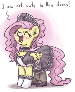 king-kakapo:   Requesting fluttershy in a french maid dress as a pony with a nice panty shot  /mlp/ draw thread request, October 3, 2013.  with a nice panty shot  Forgot that little detail.  Yes you are, Flutters. Yes you are. &lt;3