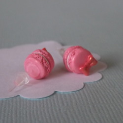 Pink Macaron Studs Hypoallergenic Posts Miniature Clay Food Earrings on We Heart It.