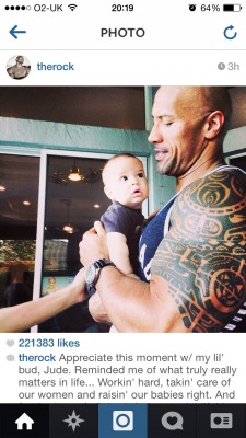 Can we just take a moment to appreciate the cuteness of this picture?  Dwayne is thinking ‘Damn! I’m holding this baby like a pro…’ While the baby is thinking ‘Damn this guy is huge….must not look directly at the bicep…’  My ovaries cannot