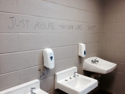 volumist:   omgwang:  the school removed the mirror in the bathroom and someone wrote on the wall  I really love this photo 