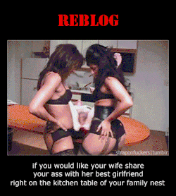 femdomgif:  Wife and her best friend strap-on pegging team work on husband`s ass femdom gif