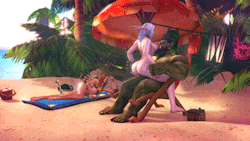 colonelyobo: medeister:  Beach Booties ‘n Booze — Featuring Grok and Val! HD: 1 2 3 4 5 + More angles &amp; MP4s at the archive! Summer is almost over, you guys! Better do like these three and enjoy it while it lasts! ヽ( ≧ω≦)ﾉ The sun hung