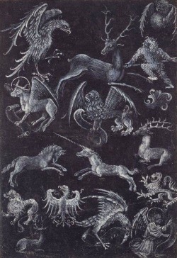 starxgoddess: Meister E. S. (c. 1420-1468), Drawing of animals, angels, wild man and a unicorn, 1430 - 1440. Brush in white on black handmade paper. Prototype design possibly for goldsmith or enamel works