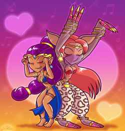 princesscallyie:  Commission for bluedragonkaiser of Shantae and Persiamon from Digimon dancing and bumping their butts together. Art Blog~  omg &lt;3 &lt;3 &lt;3 &lt;3