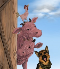 prydwencats: Was inspired by a picture I saw of two cows and a chicken peeking into a barn and so I drew a Fallout version of it with Dogmeat… because almost every Fallout drawing is better with Dogmeat. 