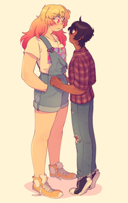 catcoconut: Getting a closer look ✨ This is just an excuse to draw Dan tip toeing and still being shorter than Es. Plus more 90s clothes instead of uniforms. {webcomic/patreon} 