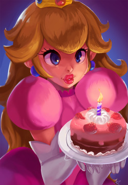 artofcelle:Happy Birthday Mario!  Peach with cake!  I’m thinking of making cards of this, what do you think?  Let them eat cake!!!
