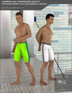 Take  advantage of the versatility of the Super Body Suit for Genesis 3  Males. Use it as hot looking swimming jammers, compression shorts or  bike shorts. Compatible with Daz Studio 4.8  and is 30% off until 5/14/2017! Check the link for all the extras!