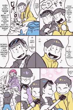 matsunoshrine:  Here are some more Osomatsu comics I found on this artist’s pixiv and translated! Cleaning, typesetting, translating etc. all done by me for fun. This time, they’re 3 separate comics involving Ichimatsu hating Karamatsu and Jyushimatsu