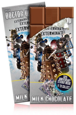 doctorwho:  steve616:  Doctor Who 50th Anniversary Chocolate Bar. Each pack contains a 50th anniversary sticker – 11 to collect.   This will only be sold in the UK but again, international shipping be damned.