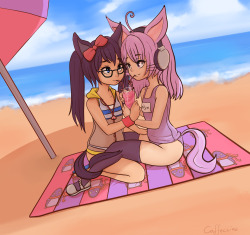 Sharing a drink on the beach, shaded by an umbrella, legs wrapped around, looking into eachothers&rsquo; eyes, on a soft plush towel who&rsquo;s patterned with her favourite animal. Uwahh! Source: http://caffeccino.tumblr.com
