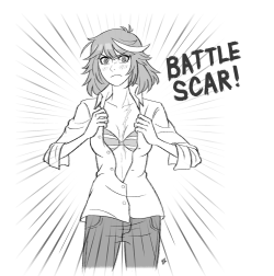 herokick:  Ryuko trolling Satsuki with her battle scar, just to catch a glimpse of that pout.  ᕙ( ͡~ ͜ʖ ͡°)ᕗ   &gt; .&lt;