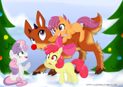 loopend:  &ldquo;Playing with Rudolph&rdquo; The Cutie Mark Crusaders messing around by Rudolph the red nosed reindeer. I’d be entranced with a glowing red nose too!  In other news, expect some anthro stuff today or tomorrow. And don’t you dare bring