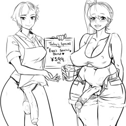 neone-x:  uthstar:  Here we have a sketch of my new friend NeOne’s characters Sakura (left),  and Eva (right) at the Futa caffee where Sakura works; FUTAR BUCKS.It would seem they have a special today, wanna try?!Show him some love by visiting his Tumblr,