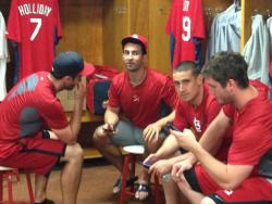 Daniel Descalso,Â Matt Carpenter,Â David Freese, andÂ Allen Craig in St. Louis Cardinals spring training locker room.
