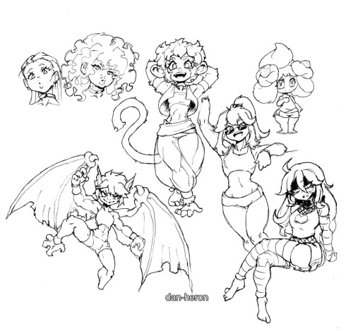 dan-heron: Some quick doodles. A monkey girl, Alcremie, Leaf and Hex in different outfits, a Gargoyle girl based on Capcom’s Firebrand BW because it’s a bit late, may put some colors later on 
