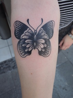 fuckyeahtattoos:  Traditional Butterfly done by Marcos Ortega.  Working in Berlin at Bläckfisk Tattoo co. In Kreuzberg  Marcosortegatattoo.tumblr.com Instagram.com/marcosortegatattoo