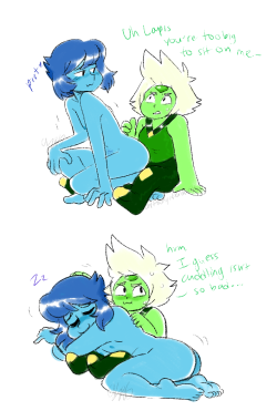 whoops this blog needs more art so have some Lapidot cuddles - Lapis is a very affectionate sort that likes to lie down in her partners’ laps no matter their size