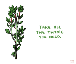 positivedoodles:  [Image Description: Drawing of thyme next to a caption that says “Take all the thyme you need.”’ in handwritten green text.]