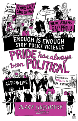 a-revolt:by Kara Sievewright and Gary Kinsman Lee. Poster examines LGBTQ2 resistance and the political history of Pride in Canada.