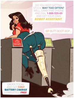 hugotendaz:   Robot Assistant - Cartoon PinUp Sketch Commission  Commissioner asked for big booty girl stuck in a turnstile with a little robot helping her, so we created this fake commercial. But, it’s maybe a good idea for a start up  Who knows :)