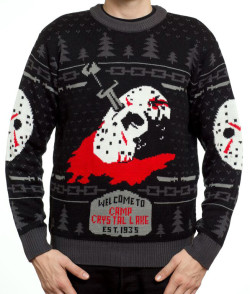 brokehorrorfan:  Mondo and Middle of Beyond have teamed up to create Slasher Sweaters, a line of knit sweaters dedicated to Friday the 13th, A Nightmare on Elm Street and Halloween.These things aren’t cheap - the sweaters are ๥, the Freddy cardigan