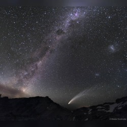 Three Galaxies and a Comet #nasa #apod #galaxies #galaxy #milkyway #centralband #largemagellaniccloud #smallmagellaniccloud #satellitegalaxy #intergalactic #comet #cometmcnaught #solarsystem #patagonia #argentina #interstellar #universe #space #science