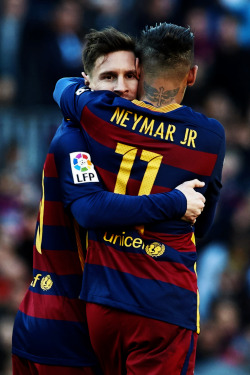 fcbarcelonasource:  Lionel Messi and Neymar celebrate during the 2015/16 La Liga match between FC Barcelona and Getafe CF at Camp Nou in Barcelona, Spain on March 12, 2016. 