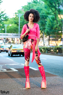 tokyo-fashion:  Tokyo-based model Choom on the street in Harajuku wearing a pink wrap around top by Cyberdog with manga print tights from ASOS, tall pink Demonia platform boots, and a bag by Japanese streetwear brand MYOB NYC. Full Look