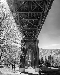 oregonexplored:  || Photo from @hatteryimages || Cathedral Park is an urban day-use park located in St. Johns, Oregon, on the shore of the Willamette River, at approximately Willamette River Mile (RM) 6. The park, located under the eastern end of the