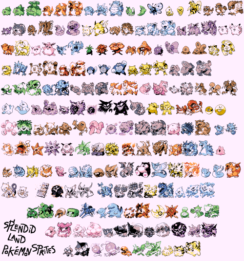 splendidland:finally done! i’ve sprited all 151 pokemon + 44 bonus favourites from later generations!this project began on November 25th 2018, and a romhack featuring all these sprites will be released eventually![twitter]