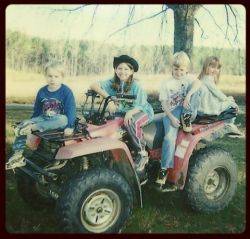 Back in the day&hellip; Whoo! My sister and cousins on Grama and Grandaddy&rsquo;s four wheeler. I&rsquo;m just noticing that I was the only brunette back then 😅 (please don&rsquo;t mind the hat&hellip;lol) #tbt #tbthursday
