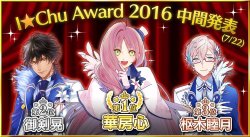 tsubakirindo:  The second halfway results of the I-Chu awards have been announced! 1st place is Kokoro Hanabusa with 314,811 votes 2nd place is Akira Mitsurugi with 299,164 votes 3rd place is Mutsuki Kururugi with 262,589 votes 4th is Issei Todoroki with