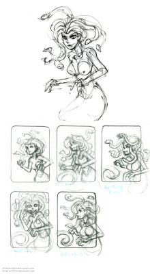 Gorgon Concepts Art process with thumbnails to help explore mood, angle, and composition.There are many interpretations for gorgons, such as:-Power, grotesque, or scary-Cute and youthful-Sexy and alluringGorgon do you like the best? What type of monster