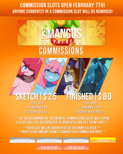 Commission slots on Patreon will be available on February 7th, 12am Central Time. Anyone currently in a slot will be removed.
